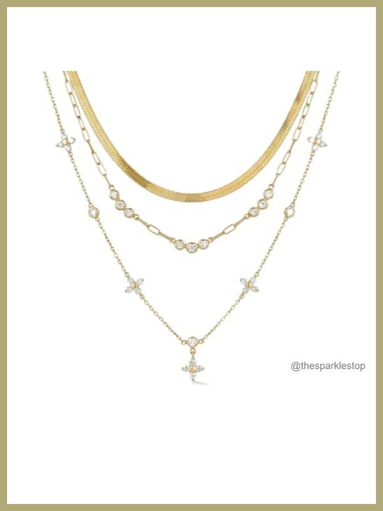 Jewelry - 14K Gold Plated Layered Necklace Set Dainty Cubic Zirconia Pendant 3 PCS